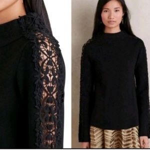 Knitted & Knotted Cashmere mock neck embroidered lace sweater top sleeve black x